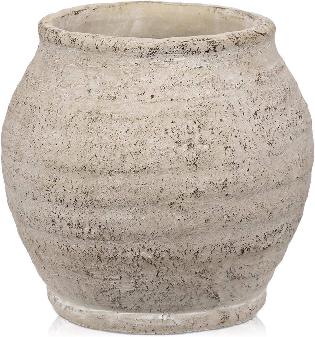 Briful Rustic Vintage Ceramic Pottery Vase, 6.1'' Farmhouse Table Decor with Distressed Texture, Wide Mouth Decorative Jar Vases for Home Decor, Shelf & Entryway, Cream White