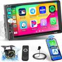 Hikity 7 Inch Single Din Stereo with Wireless Carplay Android Auto, 1 Din Touch Screen Car Radio with Bluetooth 5.1, Mirror Link, FM SWC USB EQ Backup Camera Mic