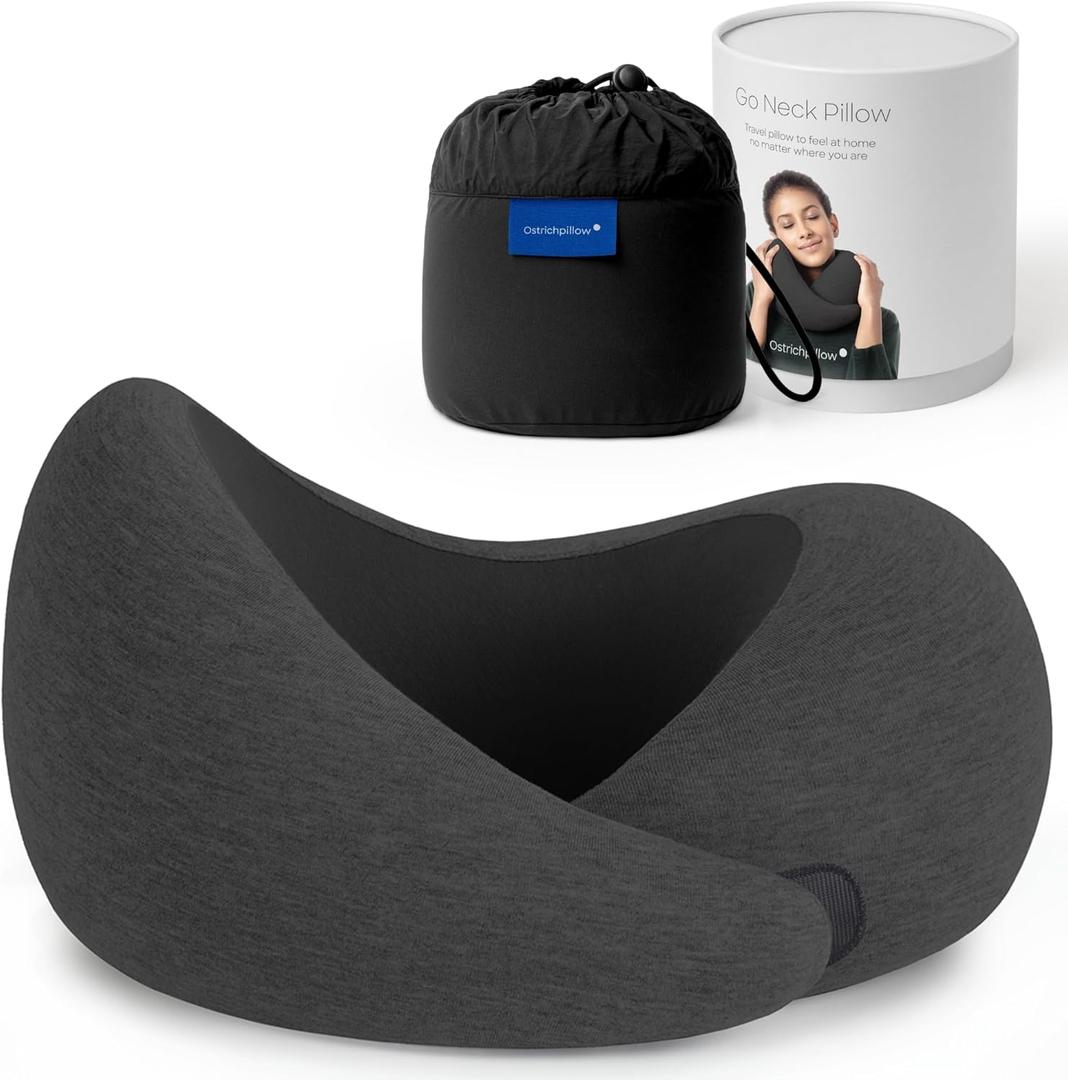 Ostrichpillow Go Neck Pillow, Travel Pillows for Airplanes, Premium Memory Foam Travel Pillow, 360 Ergonomic Design, Asymmetrical Sides, Travel Bag Included, Washable Modal Cover