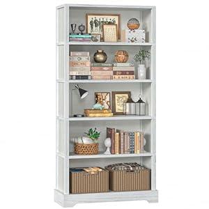 TVU 5-Tier Wooden Book Shelf, 65" Tall Bookshelf with Storage, Floor-Standing Display Bookcase, Farmhouse Style Bookshelf with Arched Base, Suitable for Living Room, Study, Office, Antique White