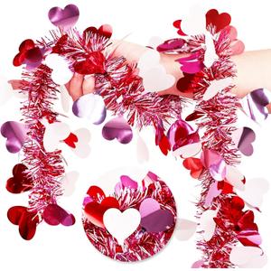 66 Ft Heart Tinsel Garland, Red Pink White Metallic Garland Shining Ceiling Hanging Wedding Decorations for Party Anniversary Indoor Supplies