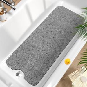 HITSLAM Non Slip Bathtub Mat 40 x 16 Inch, Extra Long Bath Mat for Tub, Soft PVC Loofah Shower Floor Mat with Drain, Quick Drying Bathroom Tub Mat for Wet Area, Without Suction Cup, Grey