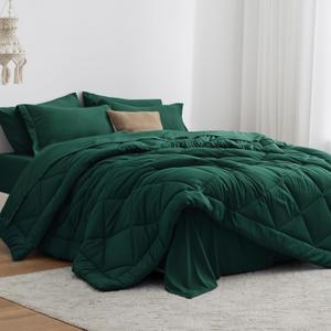 Love's cabin Queen Comforter Set Dark Green, 7 Pieces Queen Bed in a Bag, All Season Bedding Sets with 1 Comforter, 1 Flat Sheet, 1 Fitted Sheet, 2 Pillowcase and 2 Pillow Sham | Soft, Breathable, Lightweight, Comfortable