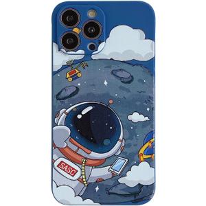 for iPhone 14 Pro Max Cute Case, Cool Cartoon Astronaut Planet Moon Space Design Stylish TPU Bumper Shockproof Anti-Slip Protector Fashion Case (Blue Moons, iPhone 14 Pro Max)