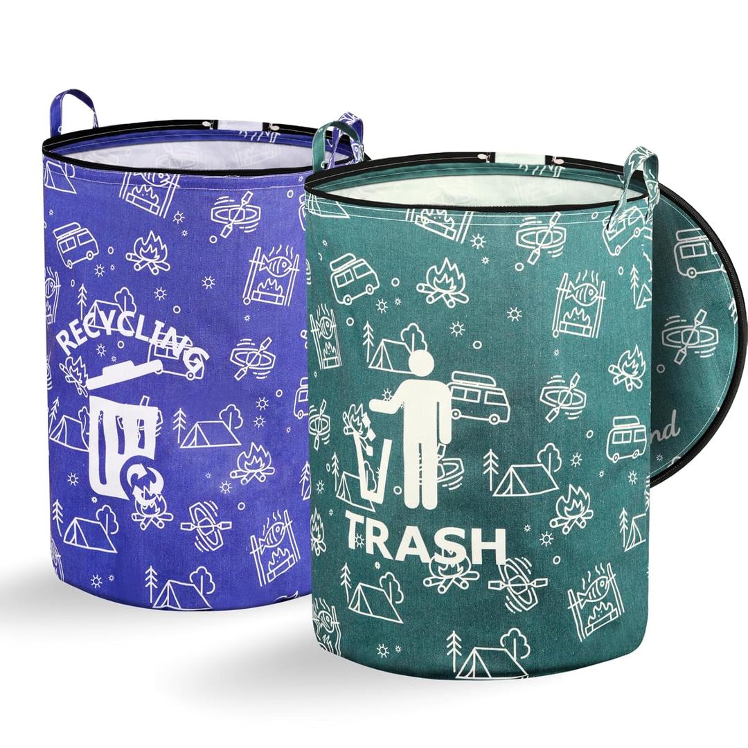 2 Pcs 30 Gallon Collapsible Trash Can Portable Waterproof Reusable with Zippered Lid for RV's, Camping, Recycling, Yard Waste, Leaf Bag, Children Toy Bin (Trash and Recycling) (Green and Blue)