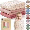 100% Organic Cotton Muslin Baby Blanket 3 Pack - Breathable Swaddle, Hypoallergenic Double-Layer, Versatile Use (Pink, Floral, Rust, 38x40 Inch)