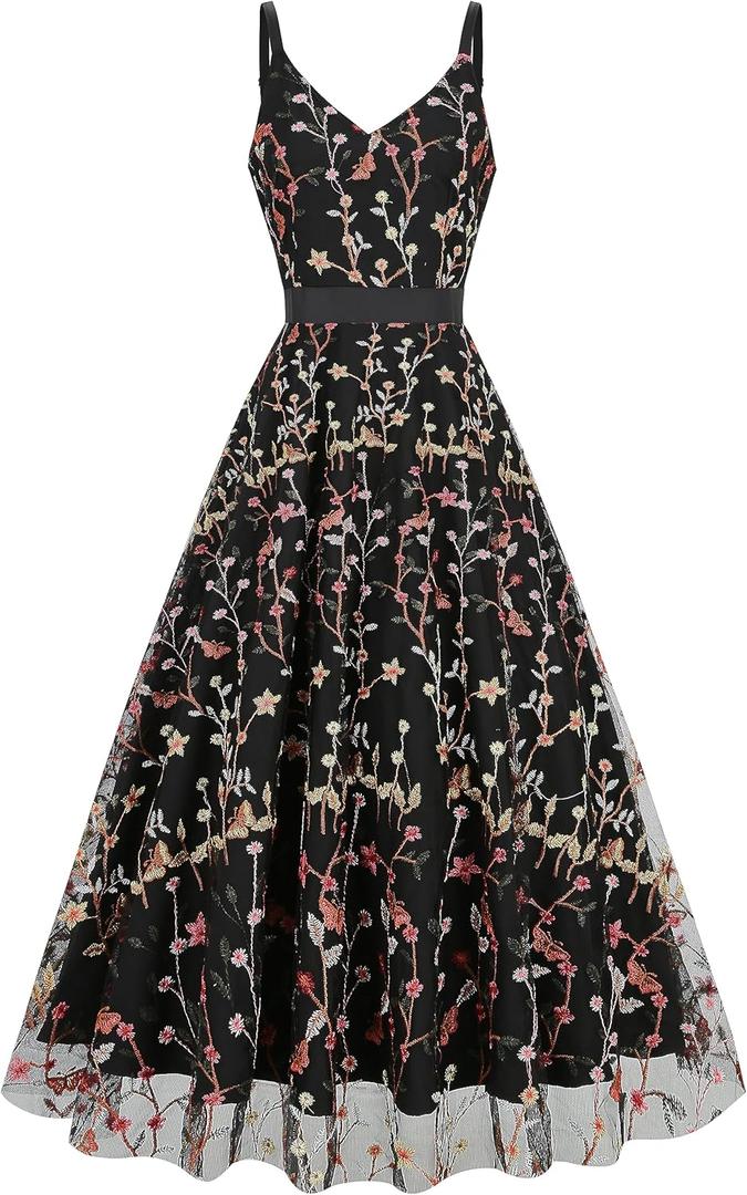 Long Floral Embroidery Dress for Women Flower Embroidered Maxi Dress Spaghetti Straps Formal Evening Party Tulle Prom Dress (Medium, Black)