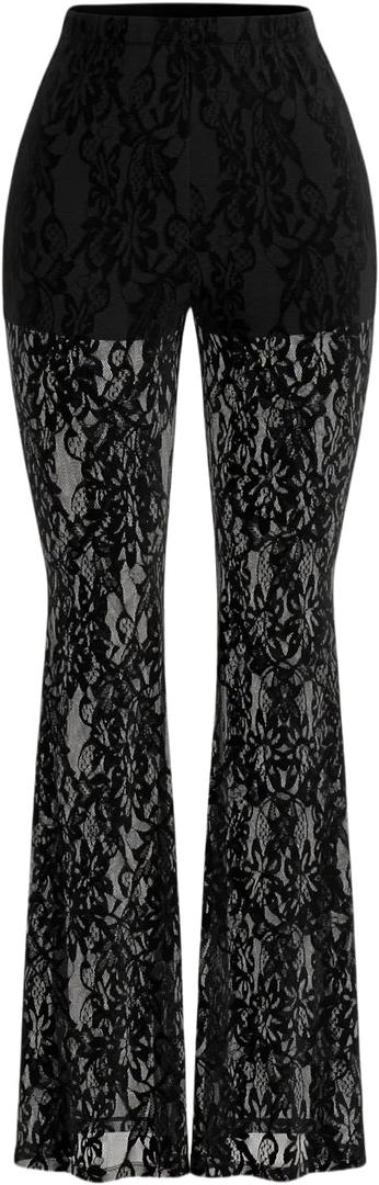 GORGLITTER Women's Floral Lace Mesh Skinny Bell Pants Bottom Flare Leg Elastic High Waist Sheer Trousers (X-Large, Black)