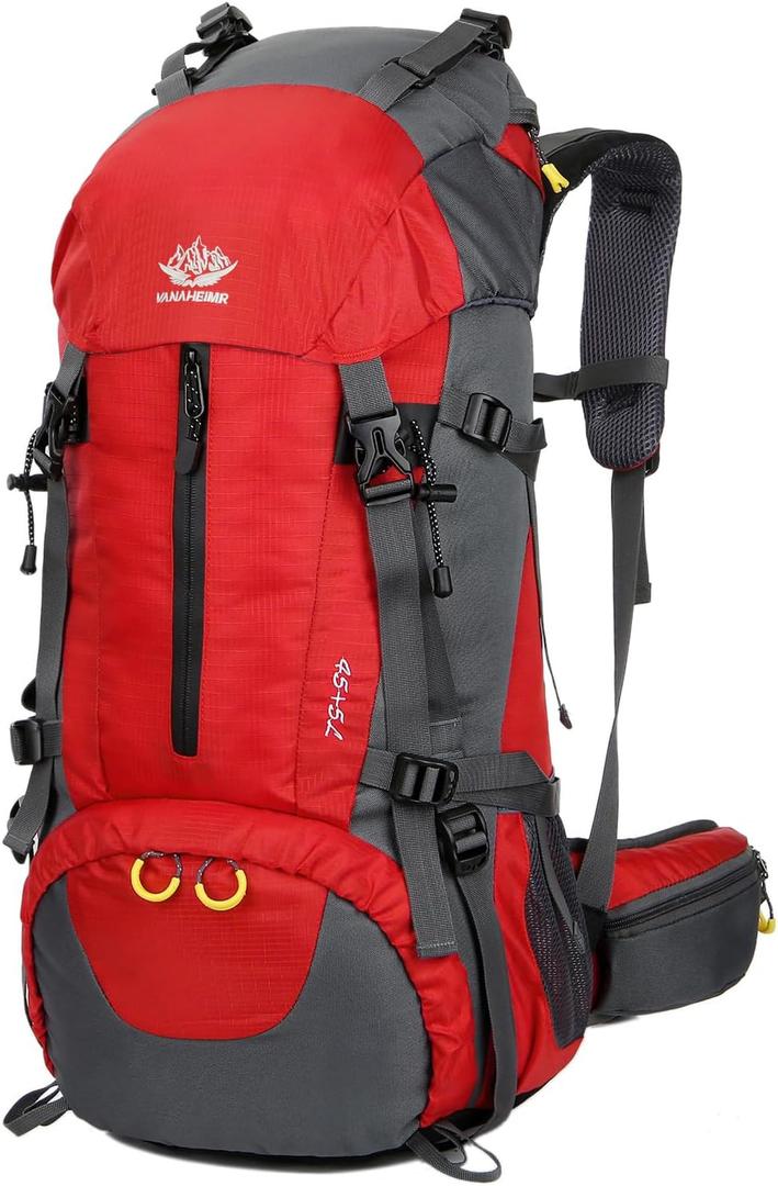 WoneNice 50L(45+5) Waterproof Hiking Backpack - Outdoor Sport Daypack with Rain Cover (Red)