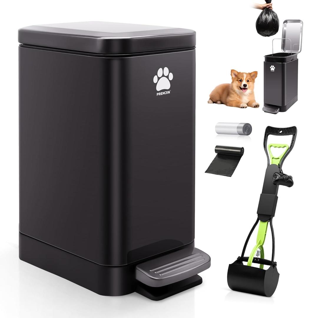 Dog Poop Trash Can Outside with Poop Scooper for Dogs, 12L/3.2Gal Metal Outdoor Garbage Can with Lid Suitable for Small, Medium and Large Dogs (Tungsten Steel)