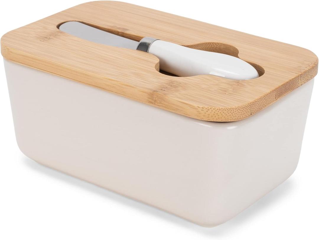 Nat & Jules Ceramic Stoneware 1/2 Pound, 2 Sticks Butter Dish with Airtight Bamboo Lid & Knife, Kitchen Accessory, Container Holder, Refrigerator Storage and Countertop Organization, Matte Cream