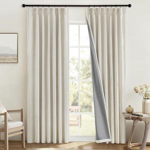 MIULEE Linen Pinch Pleated 100% Blackout Curtains for Bedroom 94 Inch Long 2 Panels Set - Back Tab Track Cream Black Out Curtain for Living Room Darkening Triple Pleat Drapes with Hooks, Natural