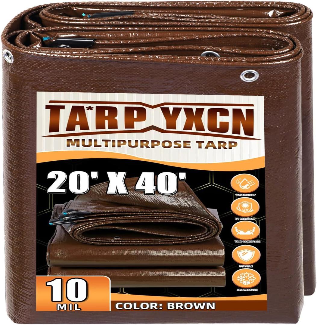 Brown Tarp 20x40 Feet, 10 Mil Thick Waterproof Poly Tarps Cover UV Resistant, Rip & Tear Proof with Metal Grommets Every 20 Inches