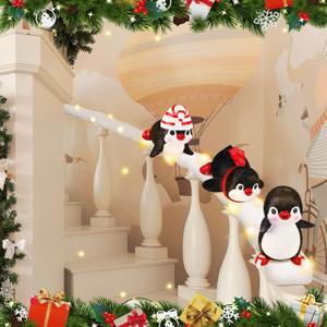 Liliful Set of 3 Christmas Stairway Decoration Resin Holiday Decor Sliding Winter in Snow Carpet with LED Lights and 20 Ribbons for Handrail Decoration Banister Stairway Gift(Penguin) (Black)