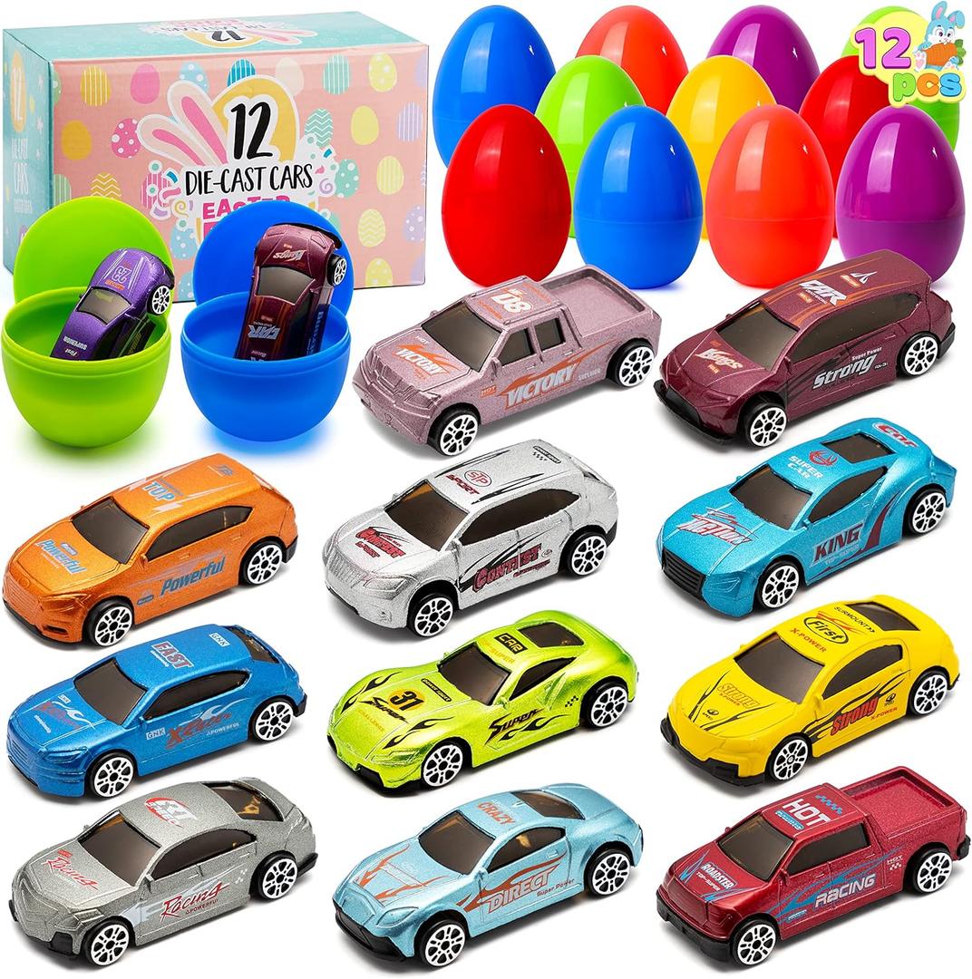 JOYIN 12 Pcs Die-Cast Car Filled Big Easter Eggs, Bright Colorful Prefilled Plastic Eggs with Different Die-cast Cars for Boys, Basket Stuffers and Kids Party Favors