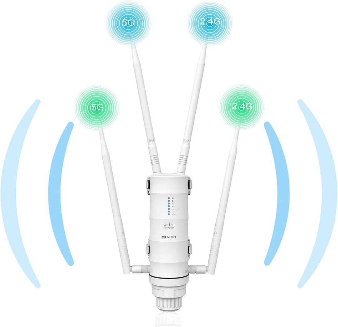AC1200 Outdoor WiFi Extender Long Range, Weatherproof Outdoor Wireless Access Point with Dual Band 2.4G+5G,PoE Powered,Two Gigabit Ports,47dBi Antenna, Support AP/Router/Repeater/WISP Mode