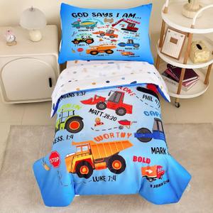 4 Piece Toddler Bedding Set for Boys,Cars Construction Toddler Bed Comforter Set Includes Comforter,Flat Sheet,Fitted Sheet and Pillowcase,Christan Trucks Tractors Bed in A Bag for Kids Bedroom (Style 01)