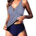ZAFUL 2025 Swim Suits for Women Tankini Tummy Control Swimsuits Bathing Suit Two Piece Swimsuit Split Neck Bathing Suits Blue Stripe M