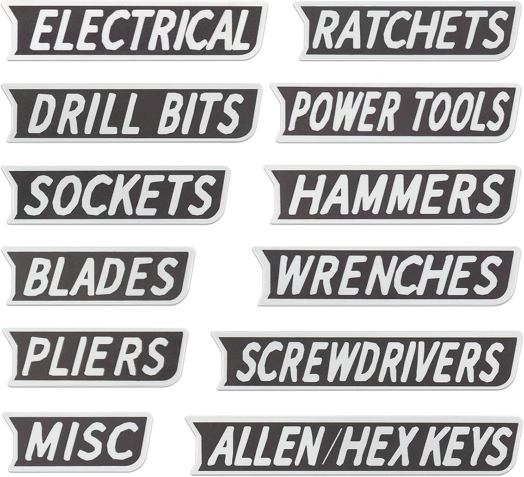 12 Pack of Magnetic Toolbox Labels,3D Printed Magnetic Tool Box Label,Strong Magnets-Reusable Organizer Labels for Steel Toolboxes,Carts,Drawers & Cabinets (Black)