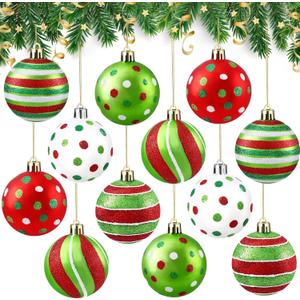 DIYDEC 12pcs Christmas Balls Ornament 3.15Inch Polka Dot Hanging Xmas Balls for Tree Decoration Glittering Red Green and White Plastic Christmas Baubles for Home Indoor Holiday Party Decor (8cm)