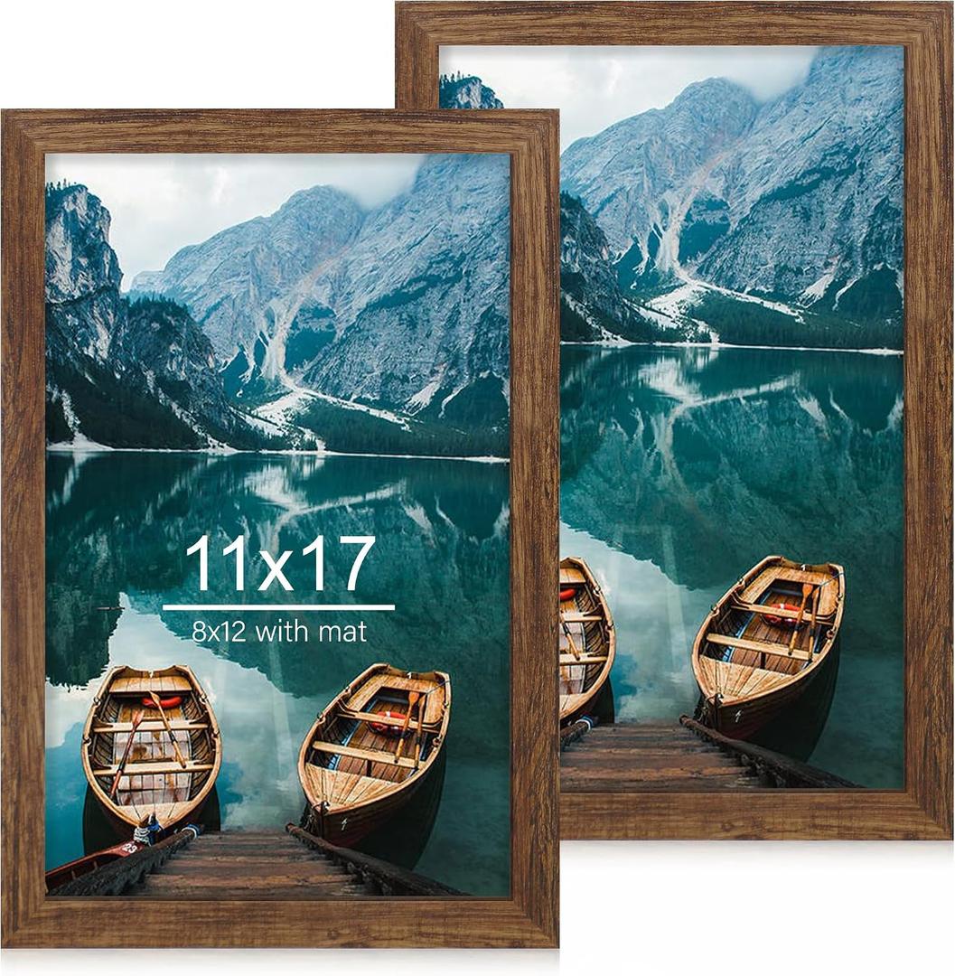 Hongkee 11x17 Frame Set of 2, Rustic Brown Wood Style - Display 11 x 17 Poster without Mat or 8x12 Picture with Mat, Wall Mounting Horizontal and Vertical