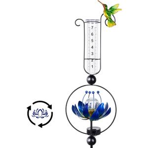 Rain Gauge Outdoor,42 Inch Solar Rain Gauges Decorative with Lotus Flower Spinner Light, Large Number Plastic Tube Rain Catcher Freeze Proof Hummingbird Water Gauge for Garden Yard Lawn