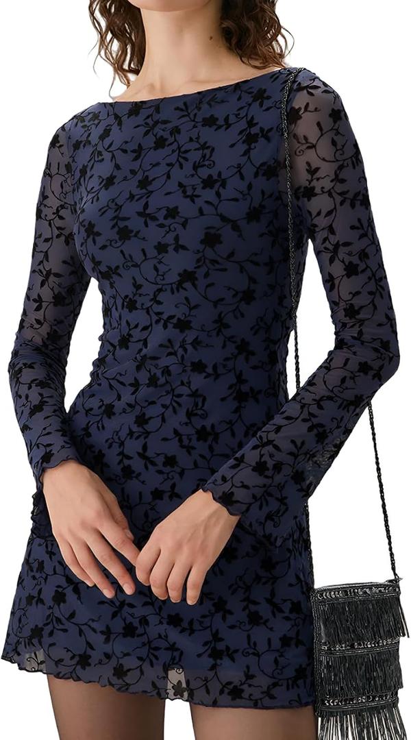 RIHOAS Women's Bodycon Mini Dress Boat Neck Long Sleeve Stretch Mesh Cocktail Wedding Guest Party Club Spring Summer Dress, Small, Blue