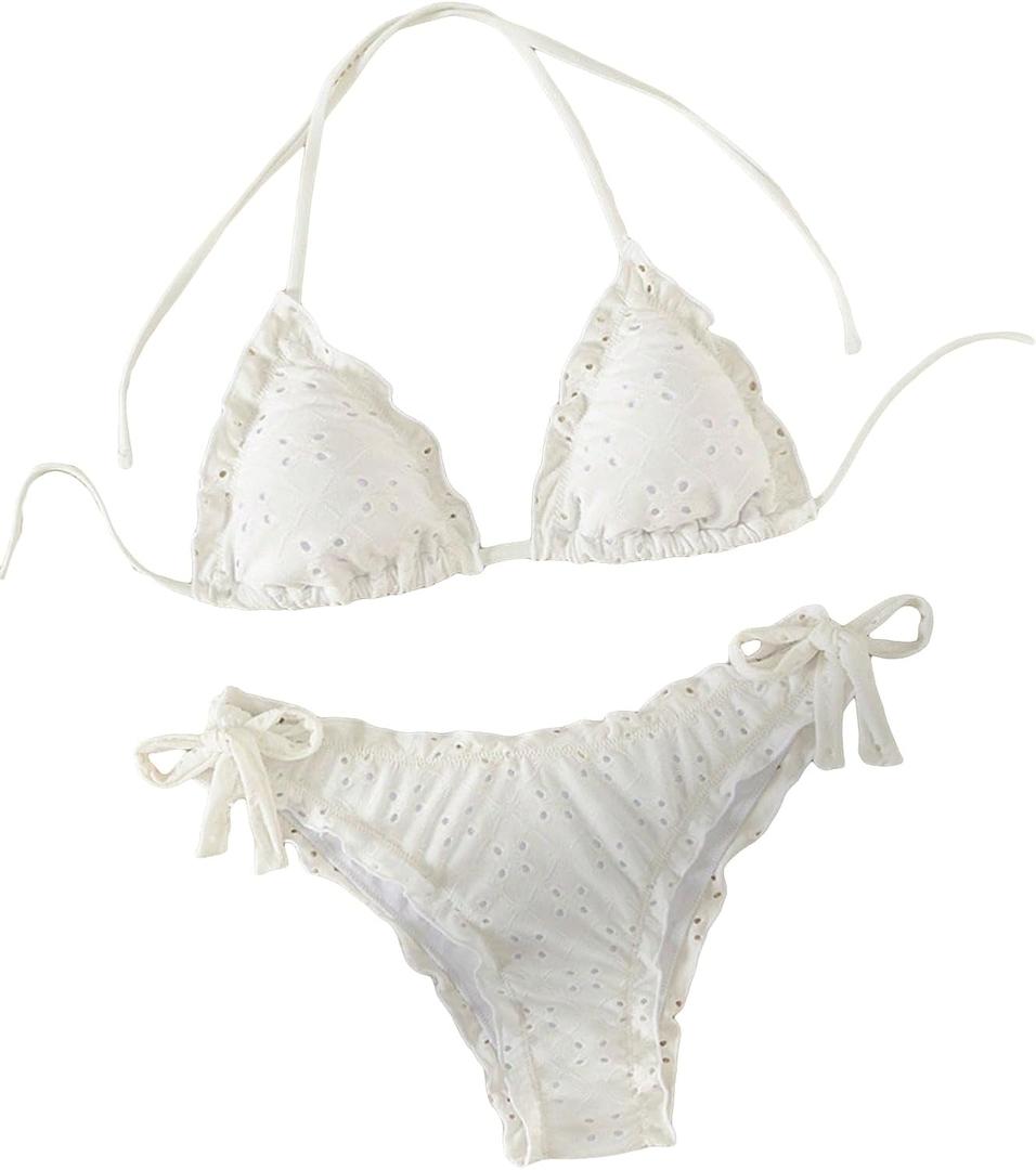 Verdusa Women's Bikini Sets Halter String Cute Bow Tie Side Frill Trim 2 Piece Swimsuits Bathing Suits (Large, White)