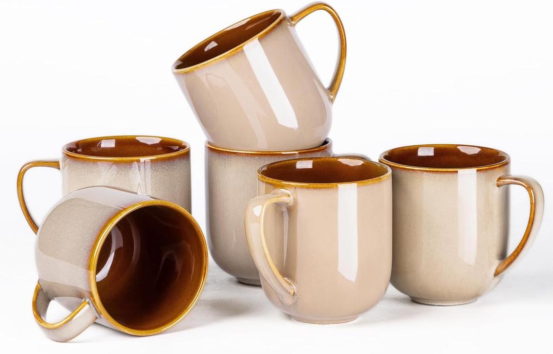 LERATIO 12OZ Ceramic Coffee Mugs Set of 6, Large Porcelain Coffee Cups With Large Handle For Latte,Cappuccino,Milk,Cocoa,|Dishwasher&Microwave Safe Mug Sets,Ideal for Man,Woman,Dad, Mom-Kahki (reactive glaze-1)