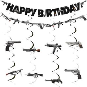 Gun Birthday Party Decorations Military Nerf Gun Theme Happy Birthday Banner Garland Hanging Swirls Pistol Shooting Weapon Rifle Bday Baby Shower Party Supplies