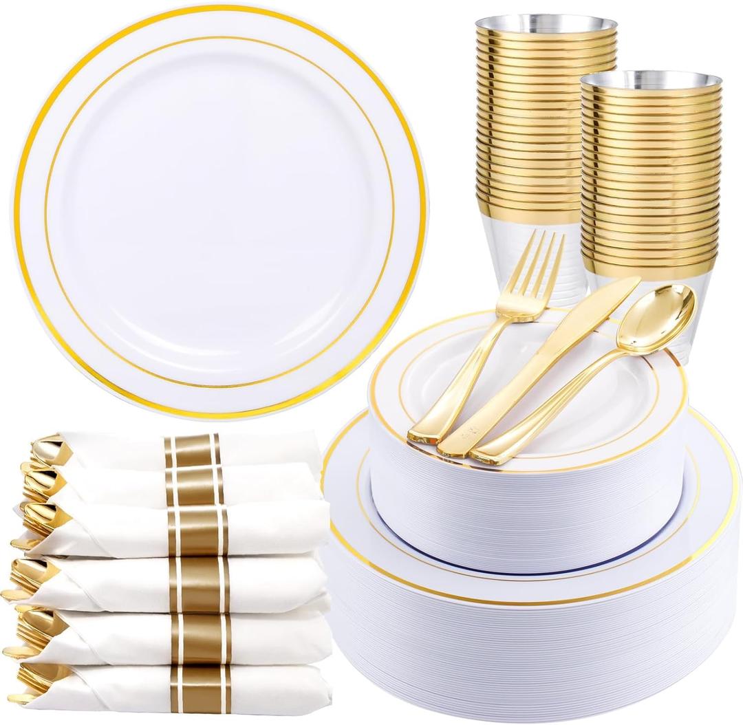 WDF Partyware 350Piece Gold Dinnerware Set for 50 Guests - Gold Plastic Plates with Disposable Cutlery Include:50Dinner Plates-50Dessert Plates-50Pre Rolled Napkins with Silverware for Valentines Day (White and Gold)