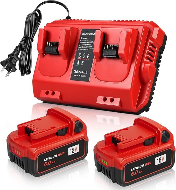 Upgraded 18V 6.0Ah Batteries Replacement for Milwaukee M-18 Battery 2Pack and 1 Charger Set(2-Port)