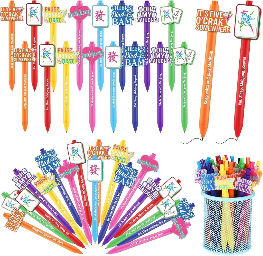 Epakh 48 Pcs Mahjong Ballpoint Pens Gift - Funny Words Mah Jong Accessories New Year Gifts for Men Women Mahjong Chinese Lovers Supplies Party Favors(Multicolor,Larger,Bright)
