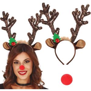Reindeer Antlers Headbands with Red Nose, Christmas Sequin Reindeer Headbands with Bells Antler Xmas Party Headwear Accessories for Women Girls Kids