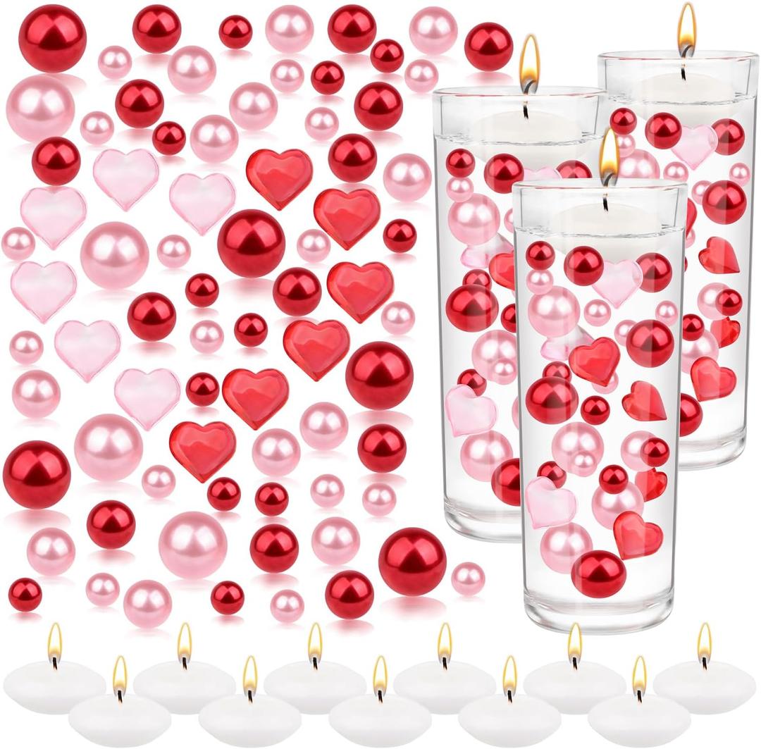 10164Pcs Valentine's Day Vase Filler Decoration Red Pink Heart Pearls Bowl Filler Mini Acrylic Love Hearts Beads Floating Candles Centerpiece for Valentine Festival Wedding Home Party Decor