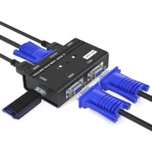 MT-VIKI VGA KVM Switch, 2 Port USB VGA KVM Switch for 2 Computers Share 1 Monitor Keyboard Mouse Printer, + 2 KVM Cables
