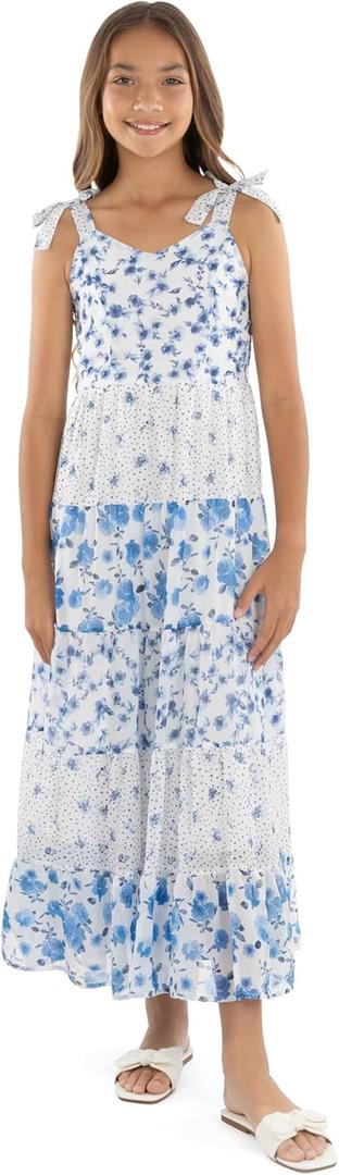 Speechless Girls' Sleeveless Chiffon Maxi Tiered Dress with Sunglasses (10, Ivory/Blue)