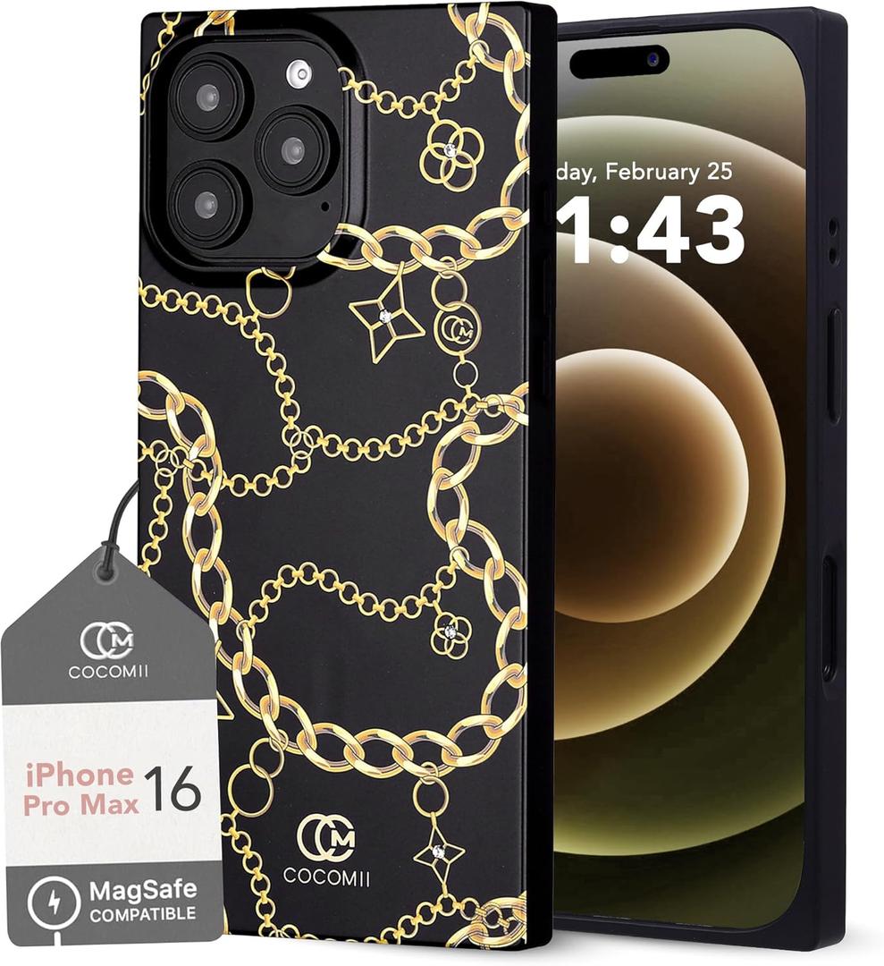 Cocomii Rectangle Case for iPhone 16 Pro Max, Compatible with MagSafe, Gold Chain