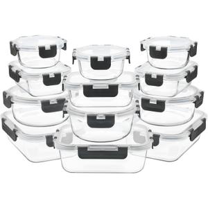 12 Pack Glass Food Storage Containers with Airtight Lids for Meal Prep, Leftover, BPA-Free, Leak-Proof, Freezer to Microwave Safe (12 Lids & 12 Containers) (Mixed Sizes,Round&Rectangular -12 Pack,Grey Set)