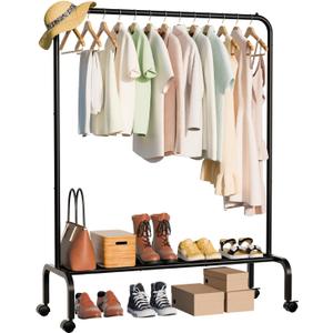 Metal Standing Clothes Rack, Rolling Clothing Rack for Hanging Clothes, Portable Clothes Rack with Storage Shelves, Black