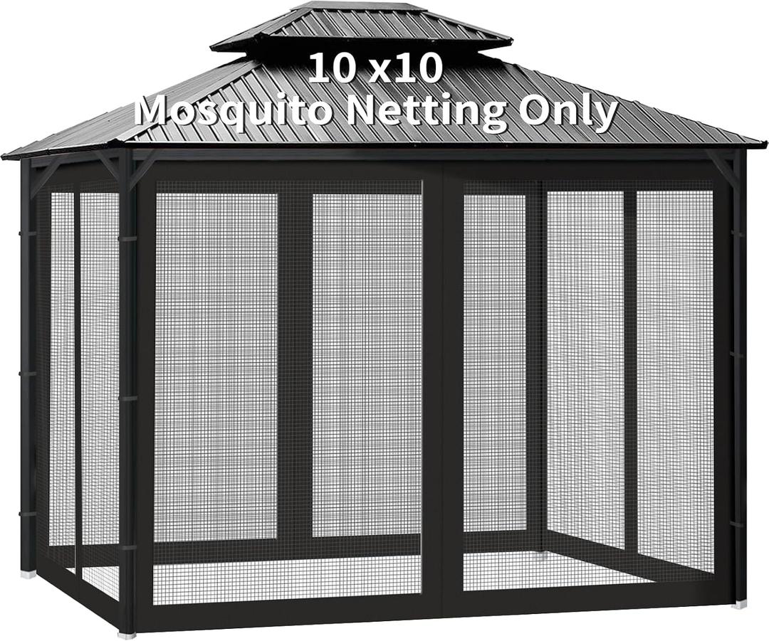Gazebo Universal Replacement Mosquito Netting, 10' x 10' Outdoor Canopy Net Screen 4-Panel Sidewall Gazebo Curtains, with Zippers, Easy to Install, Fit for Most Gazebos 10x10 CanopyPatio Black