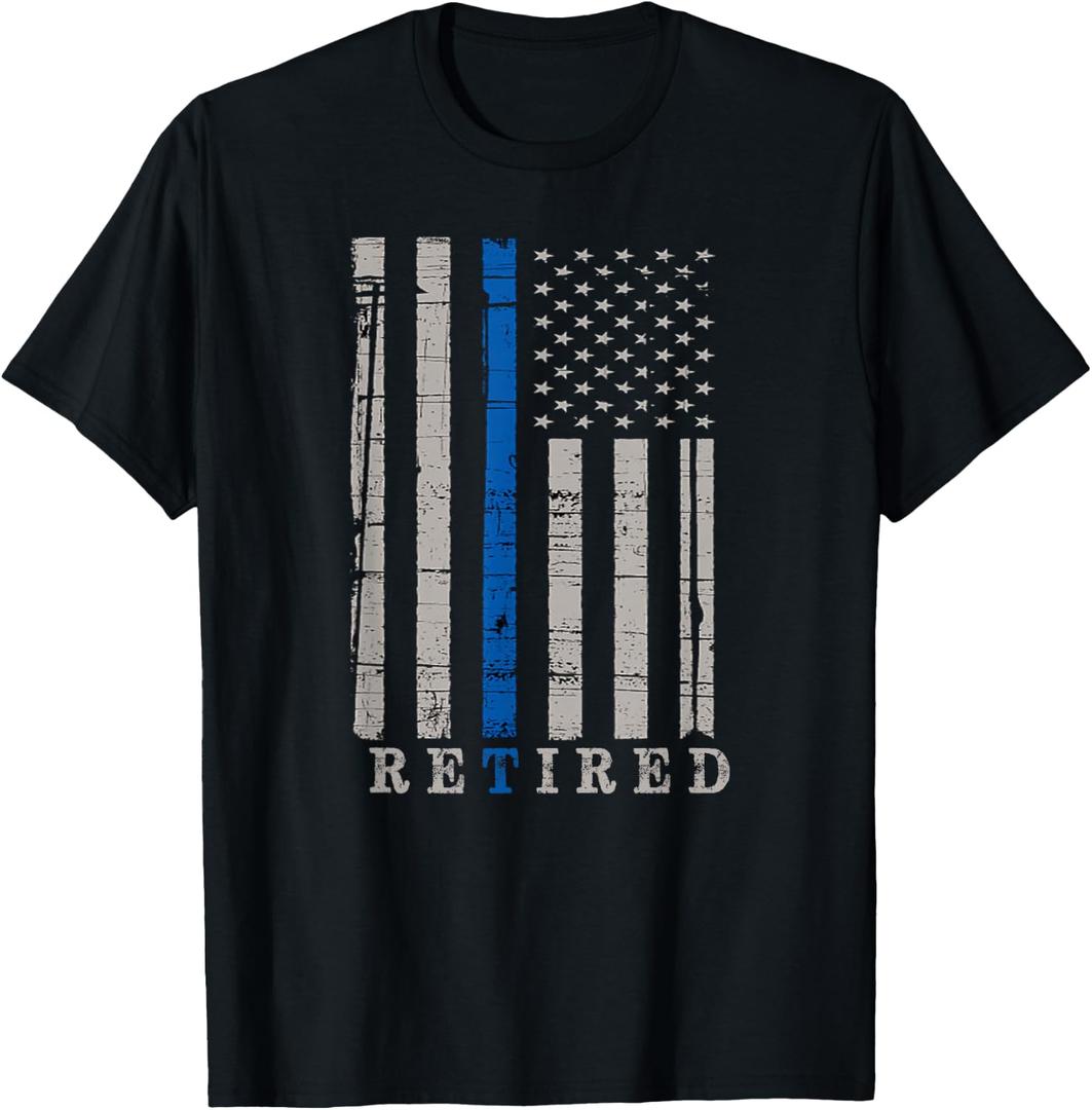 Retired Police Officer Thin Blue Line Flag Retirement T-Shirt (Black, S)