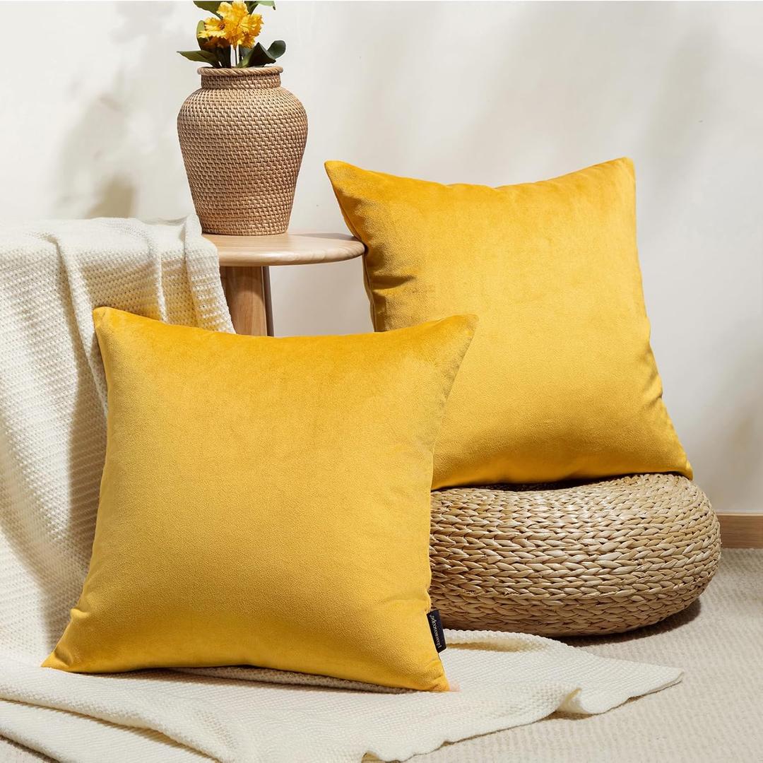 Phantoscope Pack of 2 Velvet Decorative Throw Decorative Pillow Cover Soft Solid Square Cushion Case for Couch Mustard Yellow 18 x 18 inches 45 x 45 cm