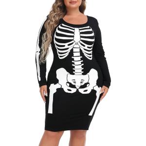 SPOOKYACULAR Womens Plus Size Skeleton Dress Fun Spooky Halloween Costume Stretchy Long Sleeve Midi Bodycon Dress Fitted Party Outfit, XXL