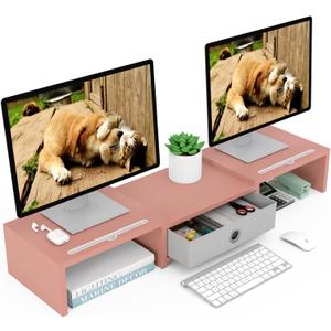 WESTREE Dual 3 Shelf Computer Riser with Drawer, Adjustable Length and Angle, Desktop 2 Monitor Stand Storage Organizer (Pink)