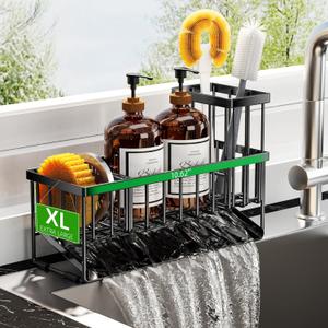 Cisily Extra Large Kitchen Sink Caddy Organzier with High Brush Holder, Sponge Holder for Sink, 304 Rustproof Stainless, Kitchen Countertop Soap Dispenser Organizer For Decor and Accessories (10.62, Matte Black)