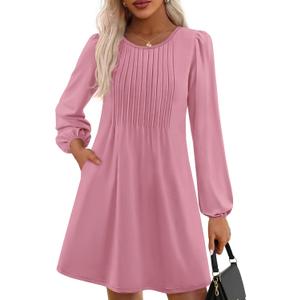 PRETTYGARDEN Fall Dresses for Women 2026 Long Sleeve Mini Short Flowy A Line Casual Holiday Party Tunic Dress Fashion Clothes (Pink, Large)