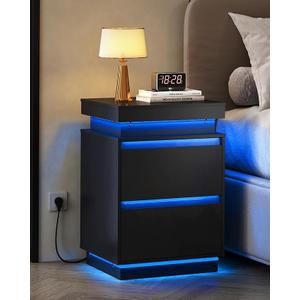 WLIVE Black Nightstand with Charging Station and LED Lights, Bedside Table with 2 Wooden Drawers and Sliding Top, Modern End Table Side Table for Bedroom, Living Room, Office