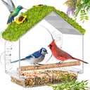 Clear Window Bird Feeder with 4 Strong Suction Cups & Decorative Lawn Top - Ideal for Garden/Yard Decor, Elderly & Kids Bird Watching, Unique Gift for Nature Lovers (Transparent&Green)