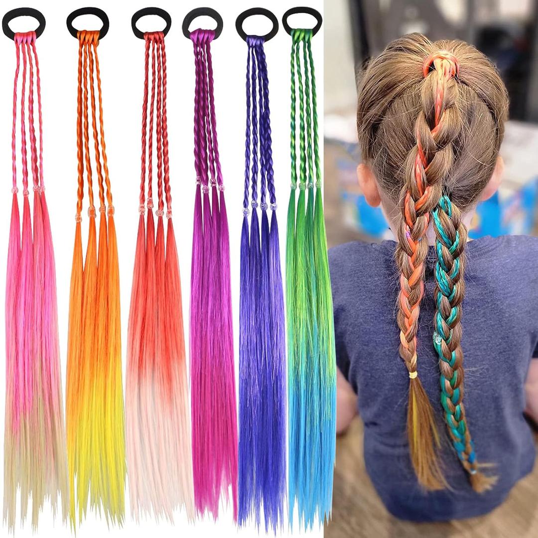 Girls' rainbow braid hair extensions, children's ponytail hair extensions, girls' hair accessories, challenging braid hair extension styles, 6 crazy Japanese accessory headbands (6PCS Colorful Braids)